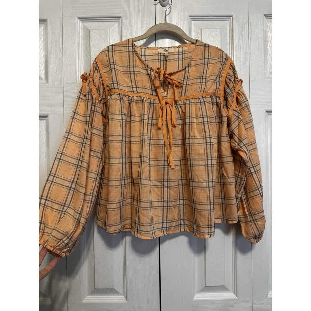 Easel Blouse Womens S Peach Plaid Tie Oversized Puff Sleeve Boho Whimsical